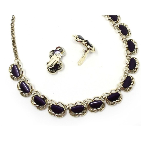 Vintage Purple Crescent Thermoplastic Necklace and Clip On Earrings Set -Hey Viv - Picture 2 of 5